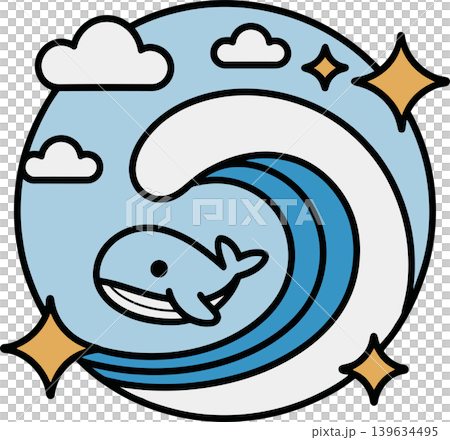 Cute Whale and Ocean Wave Illustration with Clouds and Stars Cute Whale and Ocean Wave Illustration with Clouds and Stars 139634495