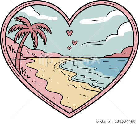 Romantic Beach Heart Shape Cartoon Illustration Romantic Beach Heart Shape Cartoon Illustration 139634499
