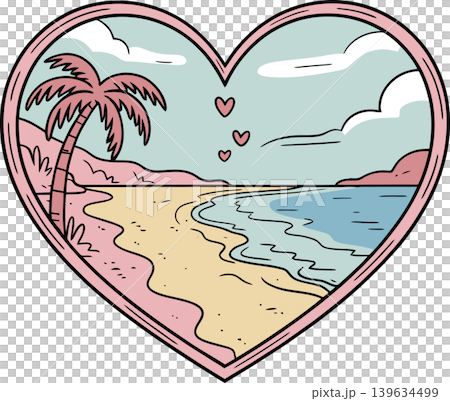 Romantic Beach Heart Shape Cartoon Illustration Romantic Beach Heart Shape Cartoon Illustration 139634499