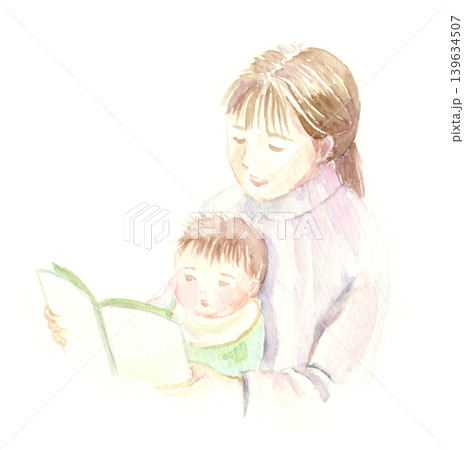 ママに絵本を読み聞かせしてもらう赤ちゃんの水彩イラスト ママに絵本を読み聞かせしてもらう赤ちゃんの水彩イラスト 139634507