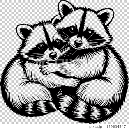 Cute Raccoons Hugging Black and White Illustration Cute Raccoons Hugging Black and White Illustration 139634547
