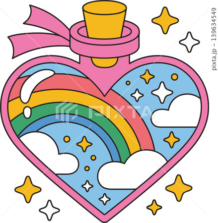 Heart Shaped Bottle with Rainbow and Clouds Illustration Heart Shaped Bottle with Rainbow and Clouds Illustration 139634549