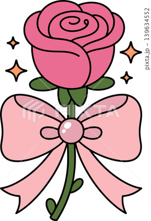Cute Pink Rose with Ribbon and Sparkles Illustration	 139634552