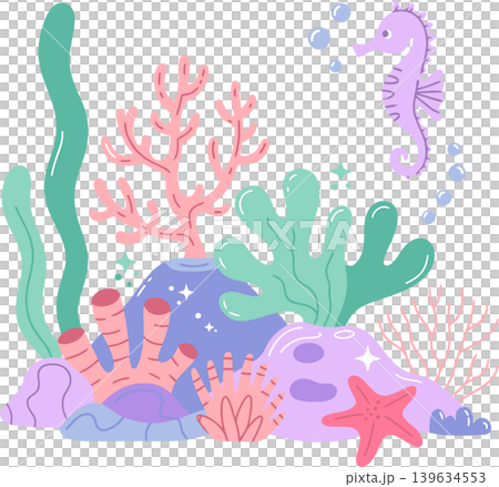 Cute Underwater Coral Reef Scene with Seahorse and Sea Plants Cute Underwater Coral Reef Scene with Seahorse and Sea Plants 139634553