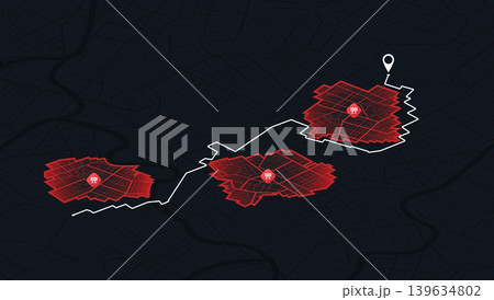 Isometric city map with navigation route avoiding red danger zones and road blocks. Vector illustration. Isometric city map with navigation route avoiding red danger zones and road blocks. Vector illustration. 139634802