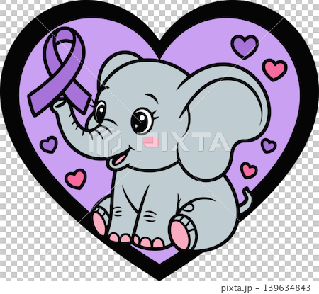 Cute Elephant with Alzheimer's Awareness Ribbon in Heart	 139634843