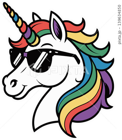 Colorful Unicorn Head with Sunglasses Cartoon Illustration	 139634850
