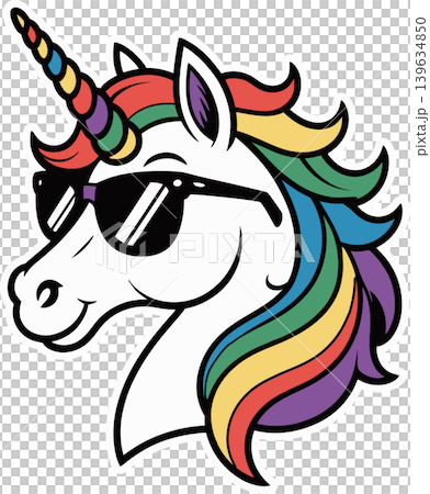 Colorful Unicorn Head with Sunglasses Cartoon Illustration	 139634850