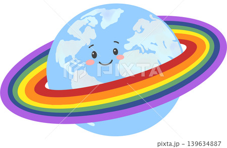 Cute Earth illustration surrounded by a rainbow ring representing Pride Month, diversity, and global unity. Cute Earth illustration surrounded by a rainbow ring representing Pride Month, diversity, and global unity. 139634887