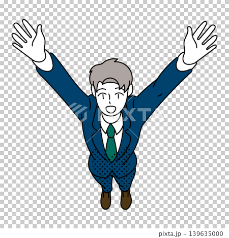 An illustration of a businessman raising both hands in joy. An illustration of a businessman raising both hands in joy. 139635000