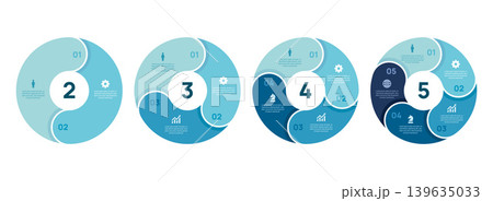 Circle diagram infographic set. Circular chart 2-5 steps options. Process chart, cycle diagram for business presentation, vector illustration. Circle diagram infographic set. Circular chart 2-5 steps options. Process chart, cycle diagram for business presentation, vector illustration. 139635033