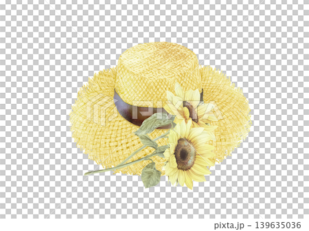Illustration of sunflowers and a straw hat Illustration of sunflowers and a straw hat 139635036