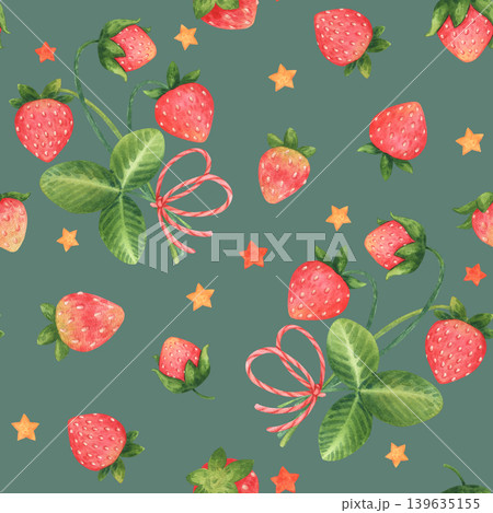 Summer cute cartoon seamless pattern with strawberries and stars. Garden or forest berries in children style. Watercolor illustration isolated on a green background. Ideal for package, textile, print Summer cute cartoon seamless pattern with strawberries and stars. Garden or forest berries in children style. Watercolor illustration isolated on a green background. Ideal for package, textile, print 139635155