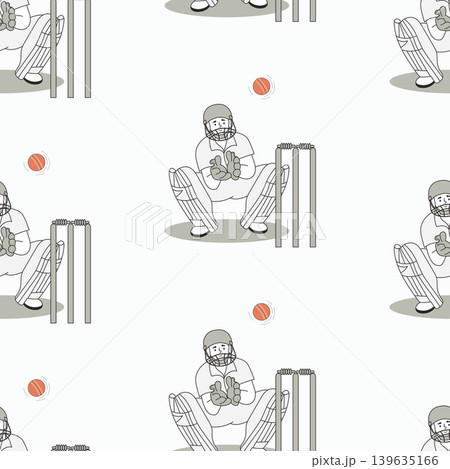 Professional Cricket Wicket Keeper Seamless Pattern. Player In Protective Gear Near Stumps, Red Ball Action on Light Background. Minimalist Vector Illustration. Professional Cricket Wicket Keeper Seamless Pattern. Player In Protective Gear Near Stumps, Red Ball Action on Light Background. Minimalist Vector Illustration. 139635166