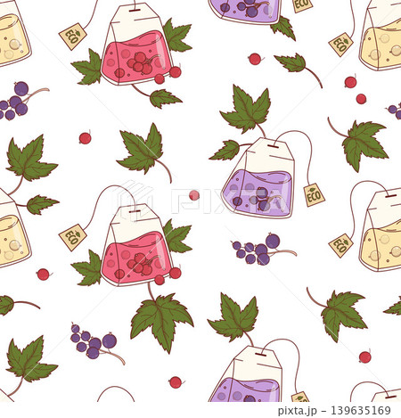 Red, Black and White Currant Herbal Tea Seamless Pattern. Transparent Pyramid Natural Eco Drink Bags with Berries and Leaves on White Background. Vector Illustration. Organic Beverage Wrapping Paper. Red, Black and White Currant Herbal Tea Seamless Pattern. Transparent Pyramid Natural Eco Drink Bags with Berries and Leaves on White Background. Vector Illustration. Organic Beverage Wrapping Paper. 139635169
