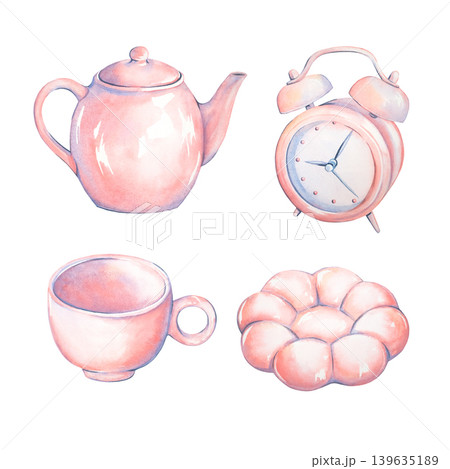 Teapot, mug, saucer, alarm clock. Pink watercolor tea set for morning tea or breakfast coffee. Cute hand-drawn set. Toy teaware for girls in pastel colors. Ceramic kitchenware for design and printing. Teapot, mug, saucer, alarm clock. Pink watercolor tea set for morning tea or breakfast coffee. Cute hand-drawn set. Toy teaware for girls in pastel colors. Ceramic kitchenware for design and printing. 139635189