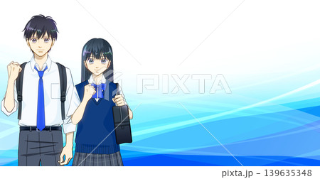リュックとスクールバッグを持つ高校生または中学生の男女のアニメ風イラスト、グラデーション背景（夏服） 139635348