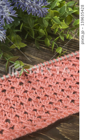 Knitting patterns with a raised pattern and yarn in different colors. Copy space Knitting patterns with a raised pattern and yarn in different colors. Copy space 139635428