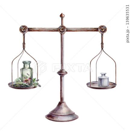 Vintage apothecary balance scales watercolor illustration. Retro brass brass weight scale with glass medicine bottle and herbal remedy for pharmacy branding, organic tea packaging design 139635531