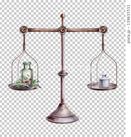 Vintage apothecary balance scales watercolor illustration. Retro brass brass weight scale with glass medicine bottle and herbal remedy for pharmacy branding, organic tea packaging design 139635531