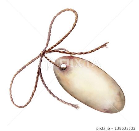 Vintage oval paper tag with jute twine bow watercolor illustration. Empty cardboard label and hemp string knot for herbal tea packaging, craft pharmacy apothecary branding, rustic gift design 139635532