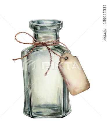 Vintage glass bottle with paper tag watercolor illustration. Empty apothecary jar, transparent green vial, jute twine rope bow and empty cardboard label for herbal tea packaging, craft design Vintage glass bottle with paper tag watercolor illustration. Empty apothecary jar, transparent green vial, jute twine rope bow and empty cardboard label for herbal tea packaging, craft design 139635533