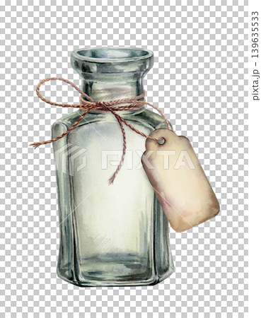 Vintage glass bottle with paper tag watercolor illustration. Empty apothecary jar, transparent green vial, jute twine rope bow and empty cardboard label for herbal tea packaging, craft design Vintage glass bottle with paper tag watercolor illustration. Empty apothecary jar, transparent green vial, jute twine rope bow and empty cardboard label for herbal tea packaging, craft design 139635533