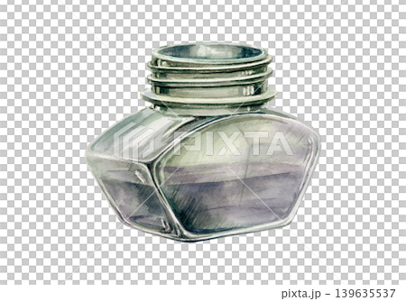 Vintage glass inkwell watercolor illustration. Antique ink bottle for apothecary recipe writing, calligraphy stationery design, poet journal graphics and historical script branding element Vintage glass inkwell watercolor illustration. Antique ink bottle for apothecary recipe writing, calligraphy stationery design, poet journal graphics and historical script branding element 139635537