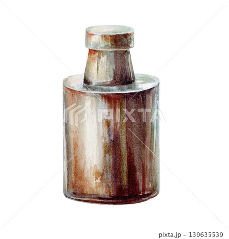 Apothecary weight watercolor illustration for herbal pharmacy. Antique metal mass for medicinal balance, vintage laboratory equipment branding and organic pharmaceutical packaging graphics Apothecary weight watercolor illustration for herbal pharmacy. Antique metal mass for medicinal balance, vintage laboratory equipment branding and organic pharmaceutical packaging graphics 139635539