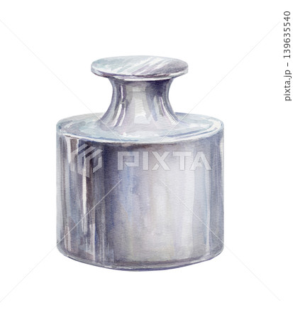 Apothecary metal weight watercolor illustration for herbal pharmacy. Antique pharmaceutical mass for balance scales, vintage laboratory equipment branding and organic medicine packaging graphics Apothecary metal weight watercolor illustration for herbal pharmacy. Antique pharmaceutical mass for balance scales, vintage laboratory equipment branding and organic medicine packaging graphics 139635540