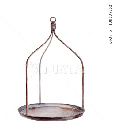 Vintage scales pan watercolor illustration. Hanging metal tray for medicinal herbs display, apothecary balance part for pharmaceutical branding, rustic pedestal design and organic remedy graphics 139635552