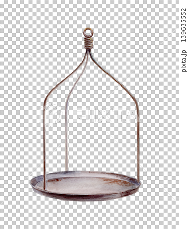 Vintage scales pan watercolor illustration. Hanging metal tray for medicinal herbs display, apothecary balance part for pharmaceutical branding, rustic pedestal design and organic remedy graphics 139635552