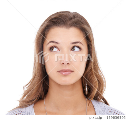Thinking, ideas and woman with why, confused and model isolated on white studio background. Person, problem solving or girl with wonder, decision or solution with doubt, choice or planning with emoji Thinking, ideas and woman with why, confused and model isolated on white studio background. Person, problem solving or girl with wonder, decision or solution with doubt, choice or planning with emoji 139636593