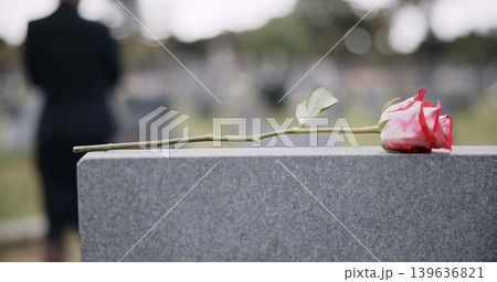 Funeral, cemetery and hands with rose on tombstone for remembrance, ceremony and memorial service. Depression, sadness and person with flower on gravestone for mourning, grief and loss in graveyard Funeral, cemetery and hands with rose on tombstone for remembrance, ceremony and memorial service. Depression, sadness and person with flower on gravestone for mourning, grief and loss in graveyard 139636821