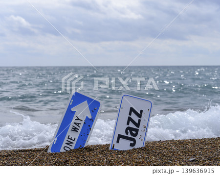 one way and jazz sign on the beach one way and jazz sign on the beach 139636915