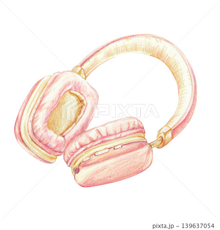 Pink cushioned headphones pencil illustration. Delicate isolated clip art for feminine and girlish design. Pink cushioned headphones pencil illustration. Delicate isolated clip art for feminine and girlish design. 139637054