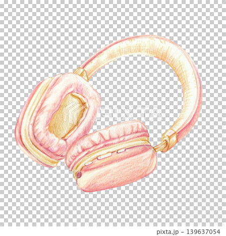 Pink cushioned headphones pencil illustration. Delicate isolated clip art for feminine and girlish design. Pink cushioned headphones pencil illustration. Delicate isolated clip art for feminine and girlish design. 139637054