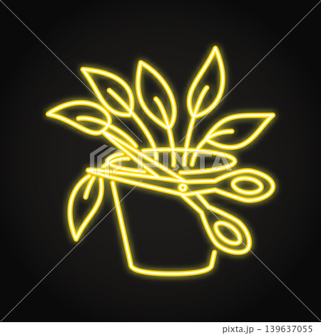 Cutting off withered parts of a plant neon icon Cutting off withered parts of a plant neon icon 139637055