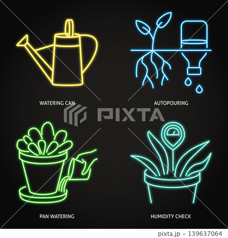 Watering and moistening plants neon icon set Watering and moistening plants neon icon set 139637064