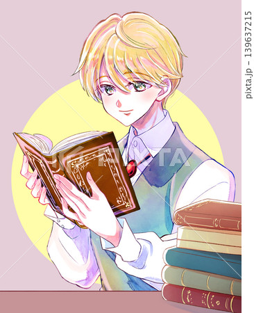 読書をする貴族風の少年 笑顔 金髪碧眼 机 読書をする貴族風の少年 笑顔 金髪碧眼 机 139637215