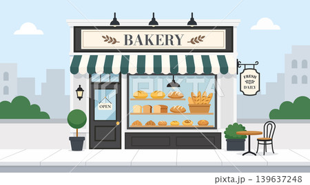 Vintage bakery storefront with fresh bread in window display, flat vector illustration Vintage bakery storefront with fresh bread in window display, flat vector illustration 139637248