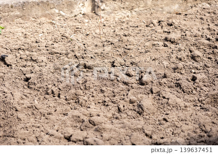 Close up of tilled soil in an agricultural field, showing rough textured earth ready for planting during the spring season for farming cultivation and sustainable crop growth 139637451