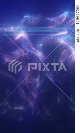 Flowing blue and pink particle fabric wave in dark space, creating an abstract digital landscape with soft glow and futuristic motion 139637560