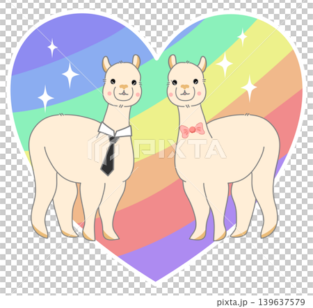 Two Cute Alpacas in Love with Rainbow Heart Two Cute Alpacas in Love with Rainbow Heart 139637579