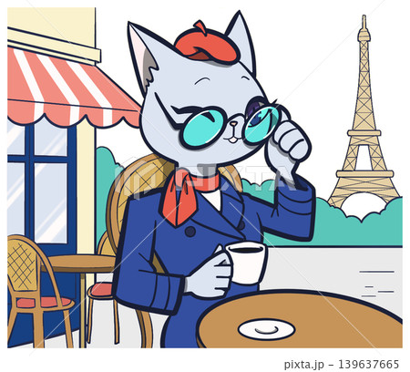 パリのカフェでくつろぐ猫のキャラクター パリのカフェでくつろぐ猫のキャラクター 139637665