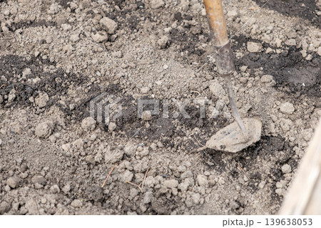 A metal hand hoe tool is inserted into moist dark soil to represent seasonal preparation for planting and agricultural work in a garden patch to symbolize growth and sustainable food production A metal hand hoe tool is inserted into moist dark soil to represent seasonal preparation for planting and agricultural work in a garden patch to symbolize growth and sustainable food production 139638053
