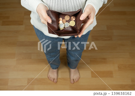 Barefoot person holding a coin pouch, modest income or financial carefulness. Barefoot person holding a coin pouch, modest income or financial carefulness. 139638162