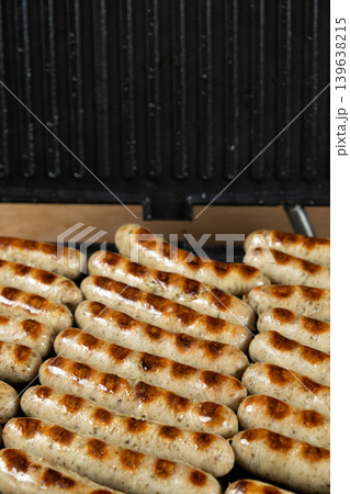 Close-up of Hot Grilled Sausages with Brown Grill Marks Close-up of Hot Grilled Sausages with Brown Grill Marks 139638215