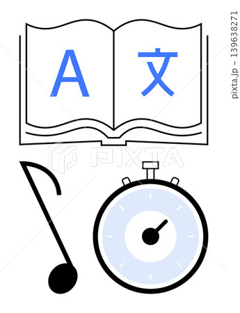 Education, time management, language translation, learning tools, multilingual skills, creative thinking. Open book with language symbols, stopwatch and music note. Education and time management 139638271