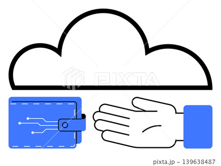 Cloud computing, digital wallets, fintech services, blockchain transactions, online payments, secure data storage. Cloud symbol with an open hand and digital wallet. Cloud computing and digital 139638487
